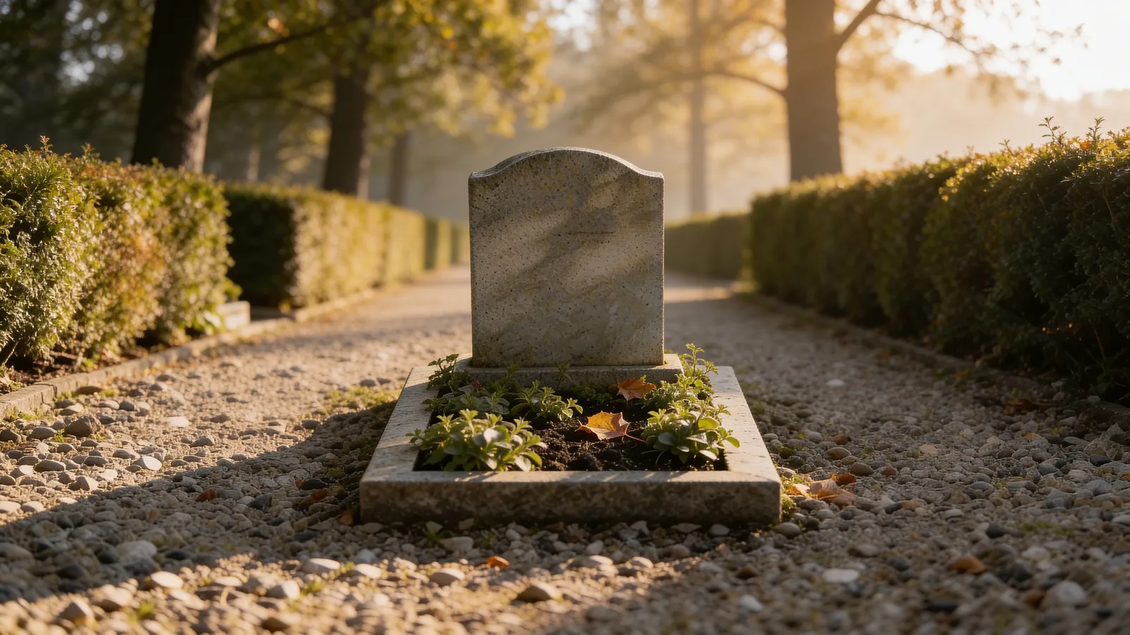 Ältere, verwitterte Grabstätte mit Grabstein auf einem gepflegten Friedhof im warmen Tageslicht – Sinnbild für Ruhezeit und Grabauflösung