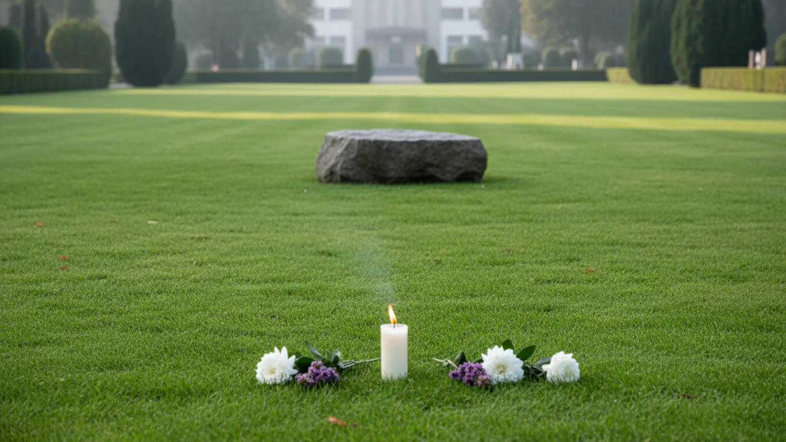 Weites, gepflegtes Rasen-Gemeinschaftsgrabfeld auf einem Friedhof mit einem zentralen Naturstein, Blumen und einer Kerze im Vordergrund – Sinnbild für eine anonyme Bestattung