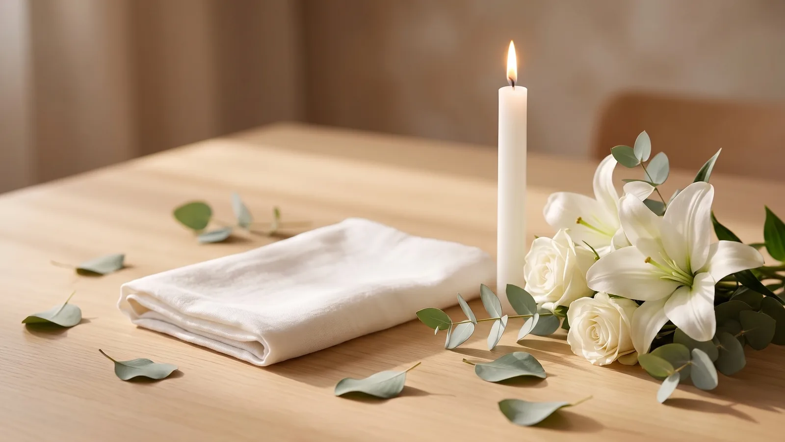 Eine brennende weiße Kerze, weiße Lilien und Rosen, ein zusammengelegtes weißes Leinentuch und Eukalyptusblätter auf einem hellen Holztisch im weichen Tageslicht – stilles Sinnbild für eine würdevolle Aufbahrung und Abschiednahme