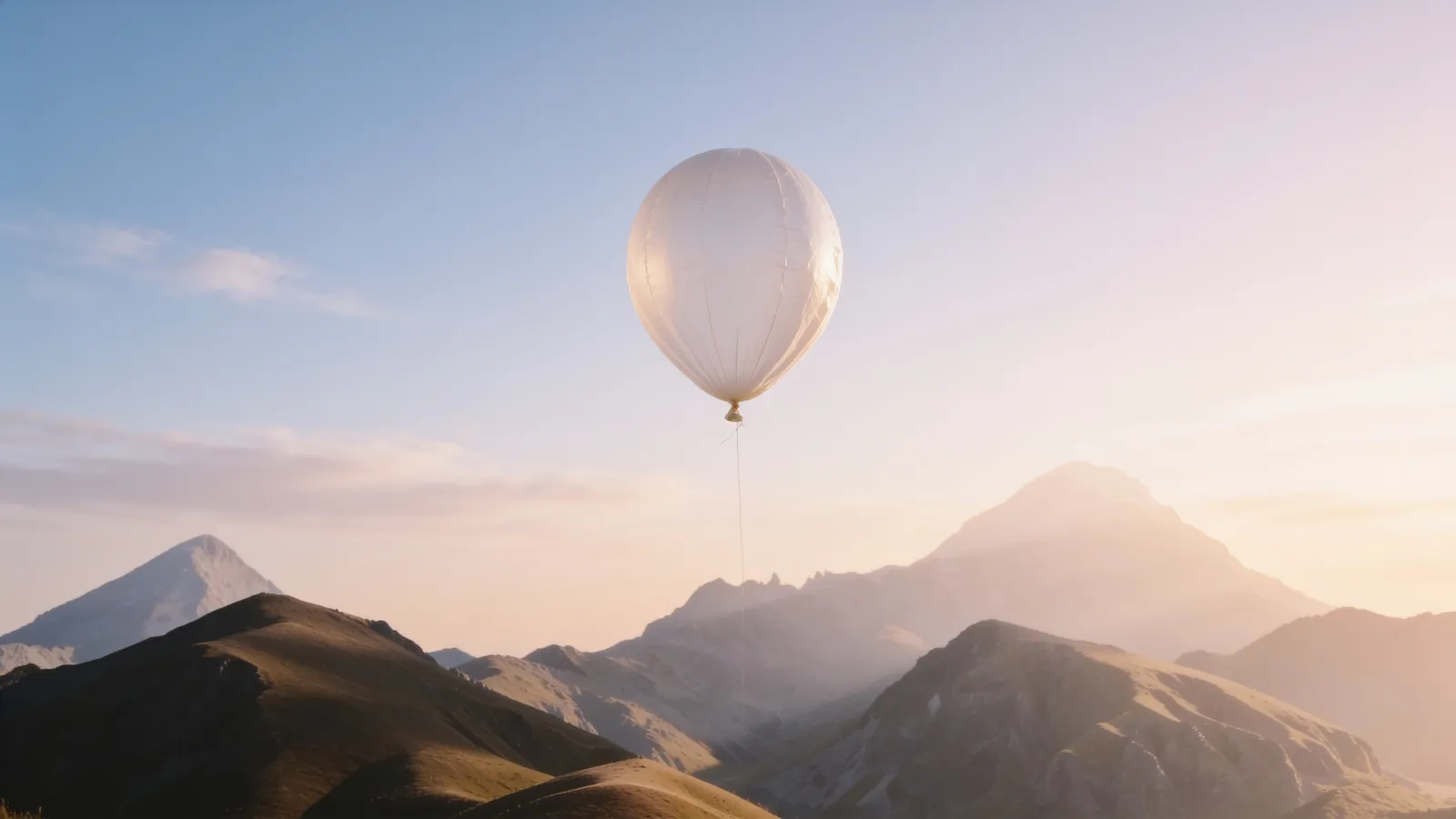 Heller Ballon steigt im weichen Morgenlicht in einen weiten Himmel auf – Sinnbild für eine würdevolle Ballonbestattung