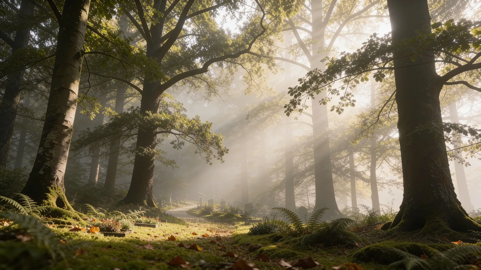 Hohe Buchen in einem sonnendurchfluteten, leicht nebligen Wald mit einfallenden Lichtstrahlen und bemoostem Waldboden – Sinnbild für die Baumbestattung als naturnahe Ruhestätte