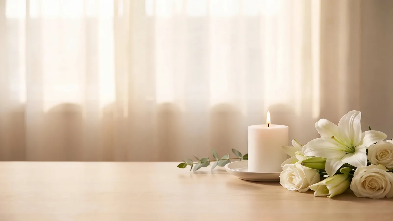Stilles Stillleben zum Thema Beisetzung: eine brennende Gedenkkerze, weiße Rosen und ein Zweig auf einem Holztisch im warmen Fensterlicht