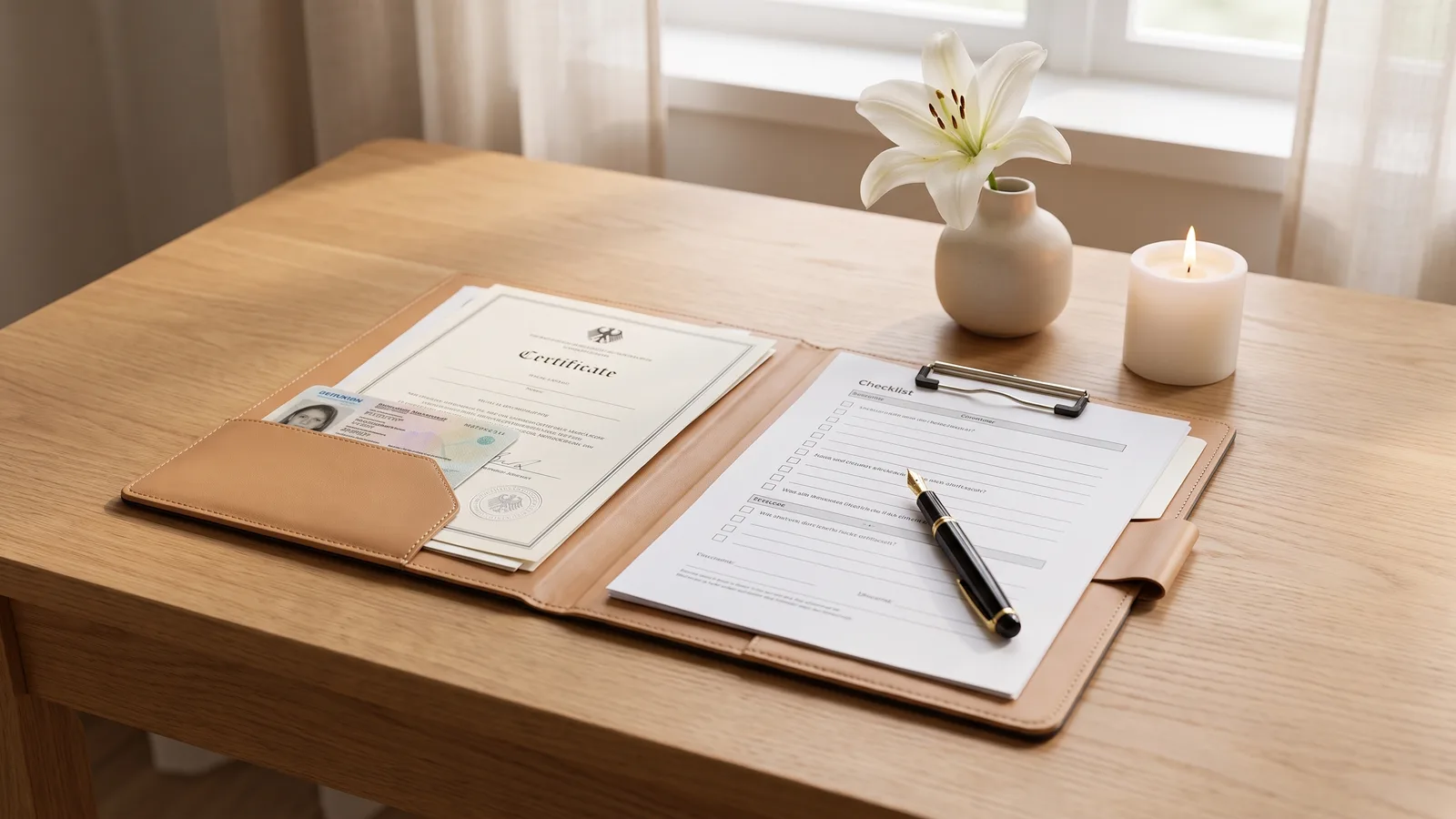 Sortierte Dokumentenmappe mit Personalausweis, Urkunden und Checkliste, daneben ein Füllfederhalter, eine weiße Lilie und eine ruhig brennende Kerze auf einem hellen Holztisch – die Unterlagen, die der Bestatter im Todesfall benötigt