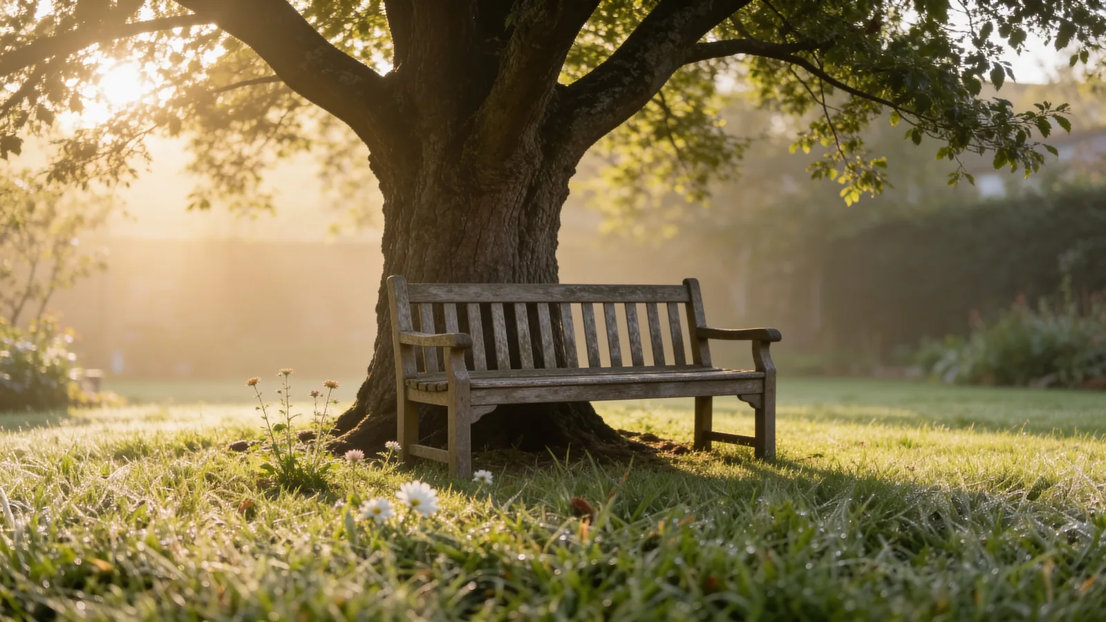 Ruhiger privater Garten im weichen Morgenlicht mit einzelnem Baum und schlichter Holzbank – Sinnbild für den Wunsch nach einer Bestattung im eigenen Garten