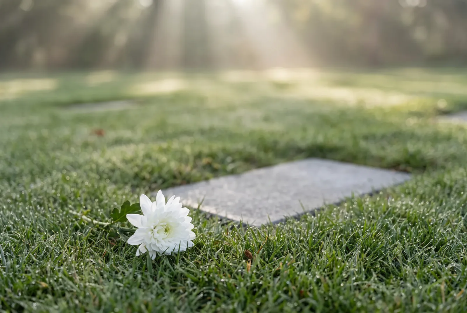 Einzelne weiße Blüte auf einer gepflegten grünen Rasenfläche im weichen Morgenlicht – ruhiges Sinnbild für eine Bestattung auf der grünen Wiese