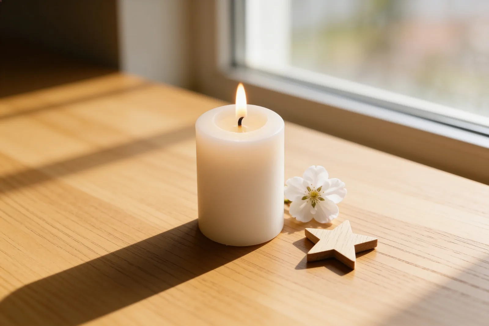 Eine kleine weiße Kerze, eine zarte weiße Blüte und ein Stern aus hellem Holz auf einer Holzfläche im warmen Licht – stilles Gedenken an ein Sternenkind