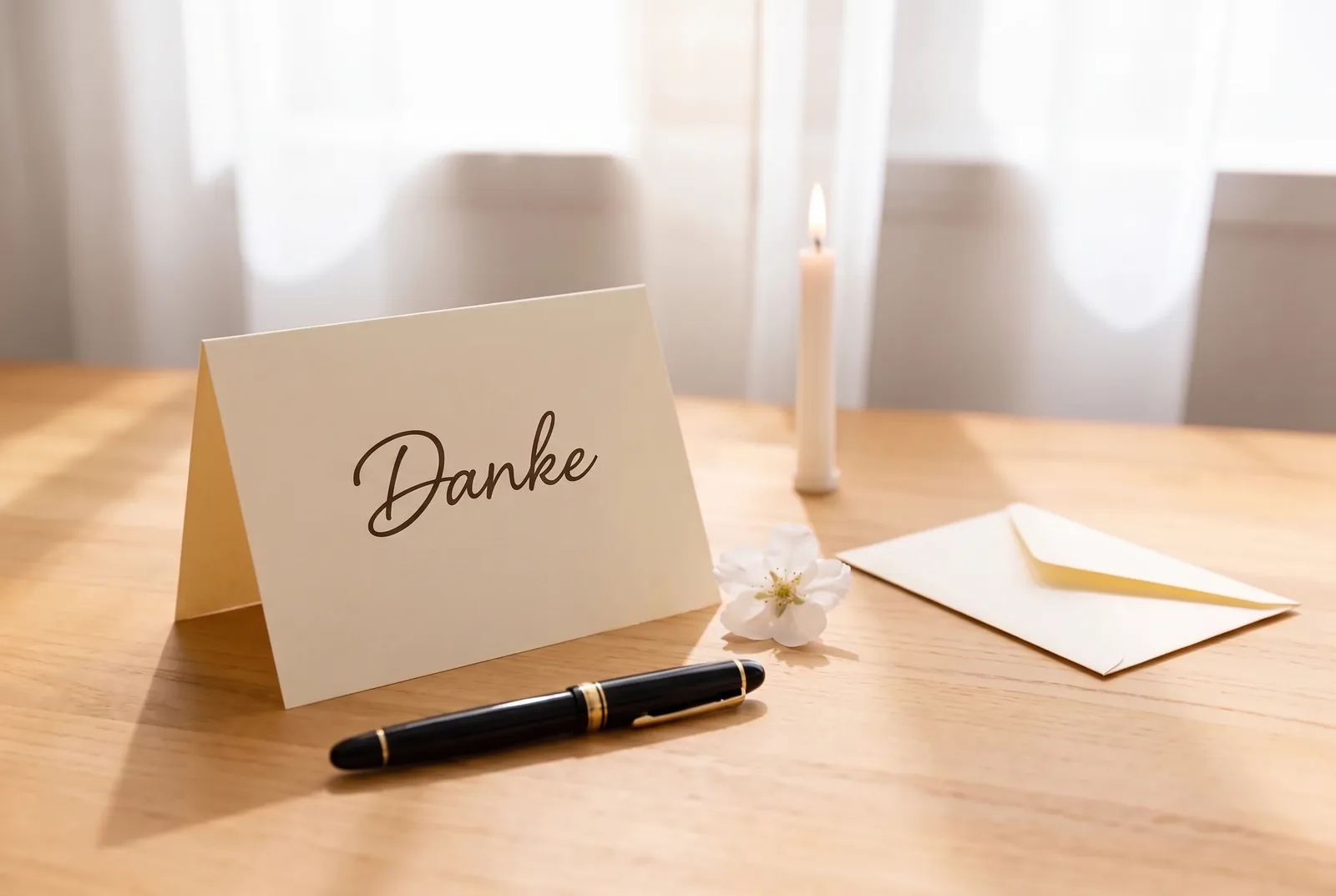 Handgeschriebene Danksagungskarte mit dem Wort „Danke“ auf einem hellen Holztisch, daneben ein Umschlag, eine weiße Blüte und eine brennende Kerze – Dank für die Anteilnahme nach einer Beerdigung
