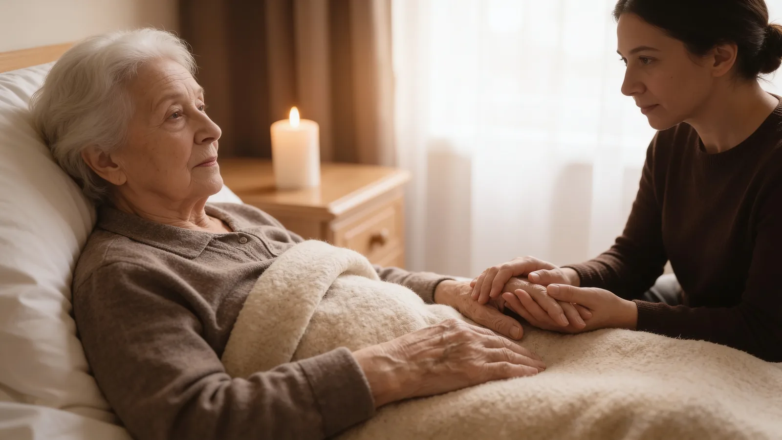 Eine erwachsene Tochter hält im weichen Morgenlicht behutsam die Hand ihrer bettlägerigen, an Demenz erkrankten Mutter – stille Sterbebegleitung am Bett