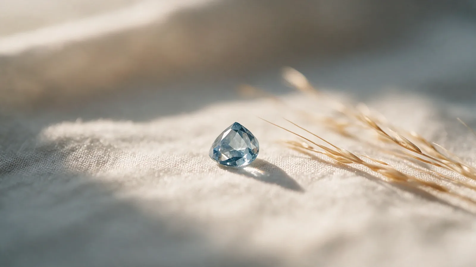 Kleiner, zart blau schimmernder Erinnerungsdiamant auf hellem Leinen im warmen Morgenlicht – Sinnbild für eine Diamantbestattung, bei der aus der Asche ein Diamant gepresst wird
