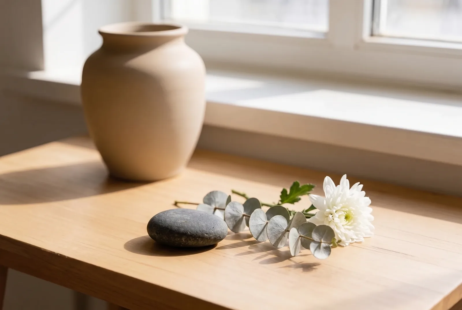Dunkler Gedenkstein, Eukalyptuszweig und weiße Chrysantheme auf einem hellen Holztisch am Fenster – ruhiges Sinnbild für eine Erdbestattung