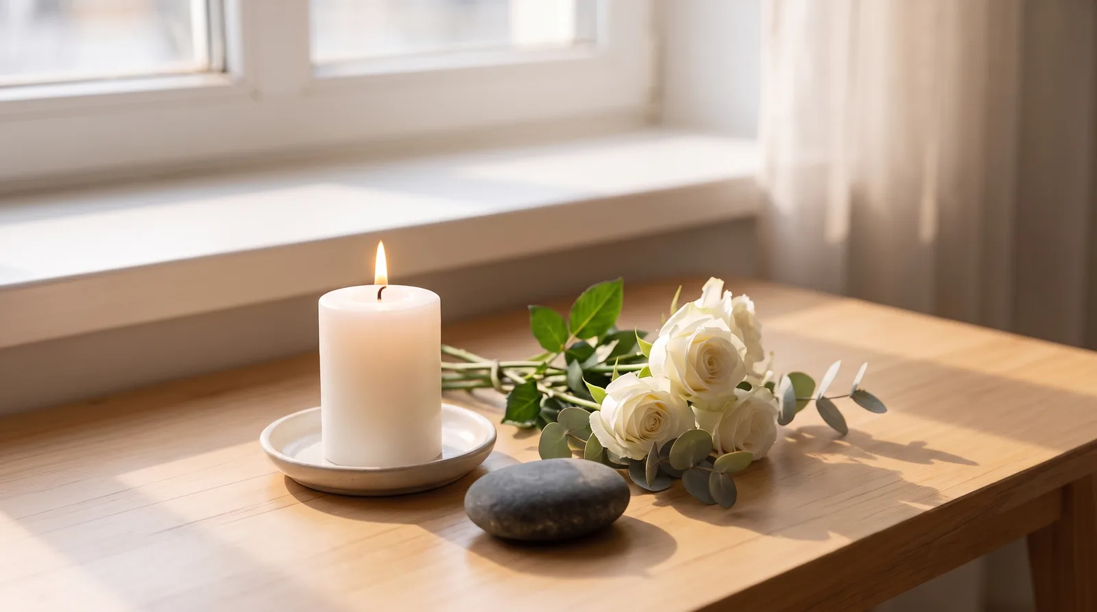 Ruhiges Stillleben zur Erdbestattung: eine brennende Gedenkkerze, weiße Rosen und ein Zweig auf einem Holztisch am Fenster im warmen Morgenlicht