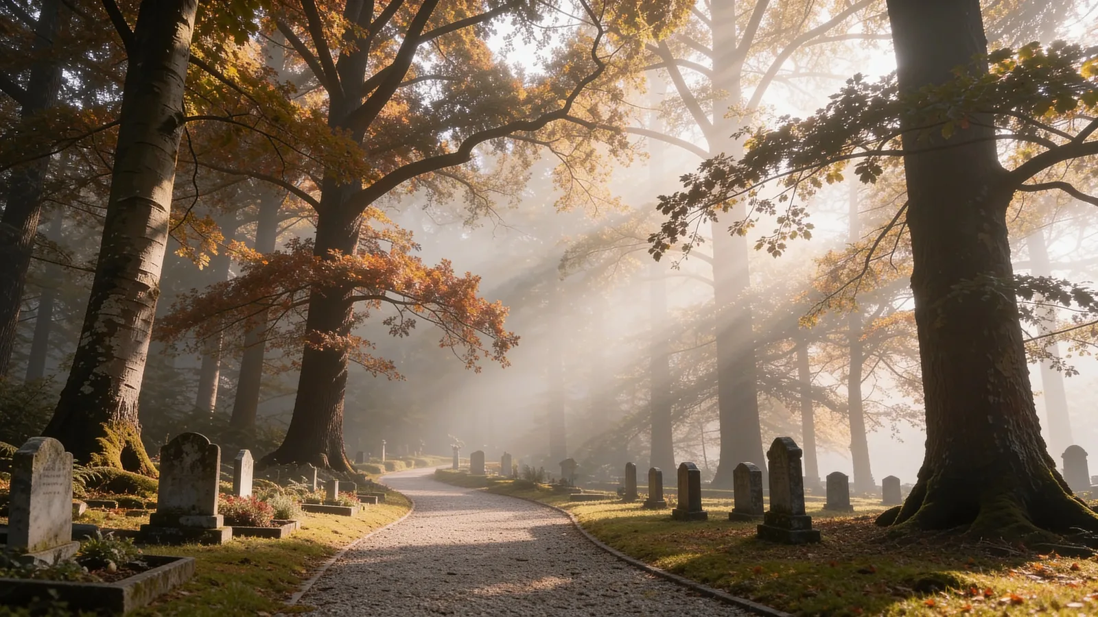 Parkähnlicher Friedhof mit alten Grabsteinen, hohen Bäumen und gepflegten Wegen im weichen Morgenlicht – ein Überblick über die Friedhöfe in Deutschland
