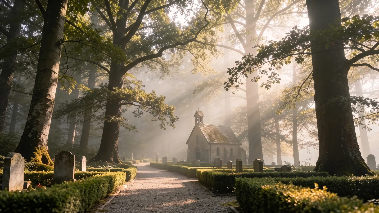 Ruhiger, gepflegter Friedhof im weichen Morgenlicht: ein baumgesäumter Kiesweg führt zwischen Grabsteinen und Hecken hindurch, im Hintergrund eine kleine Kapelle