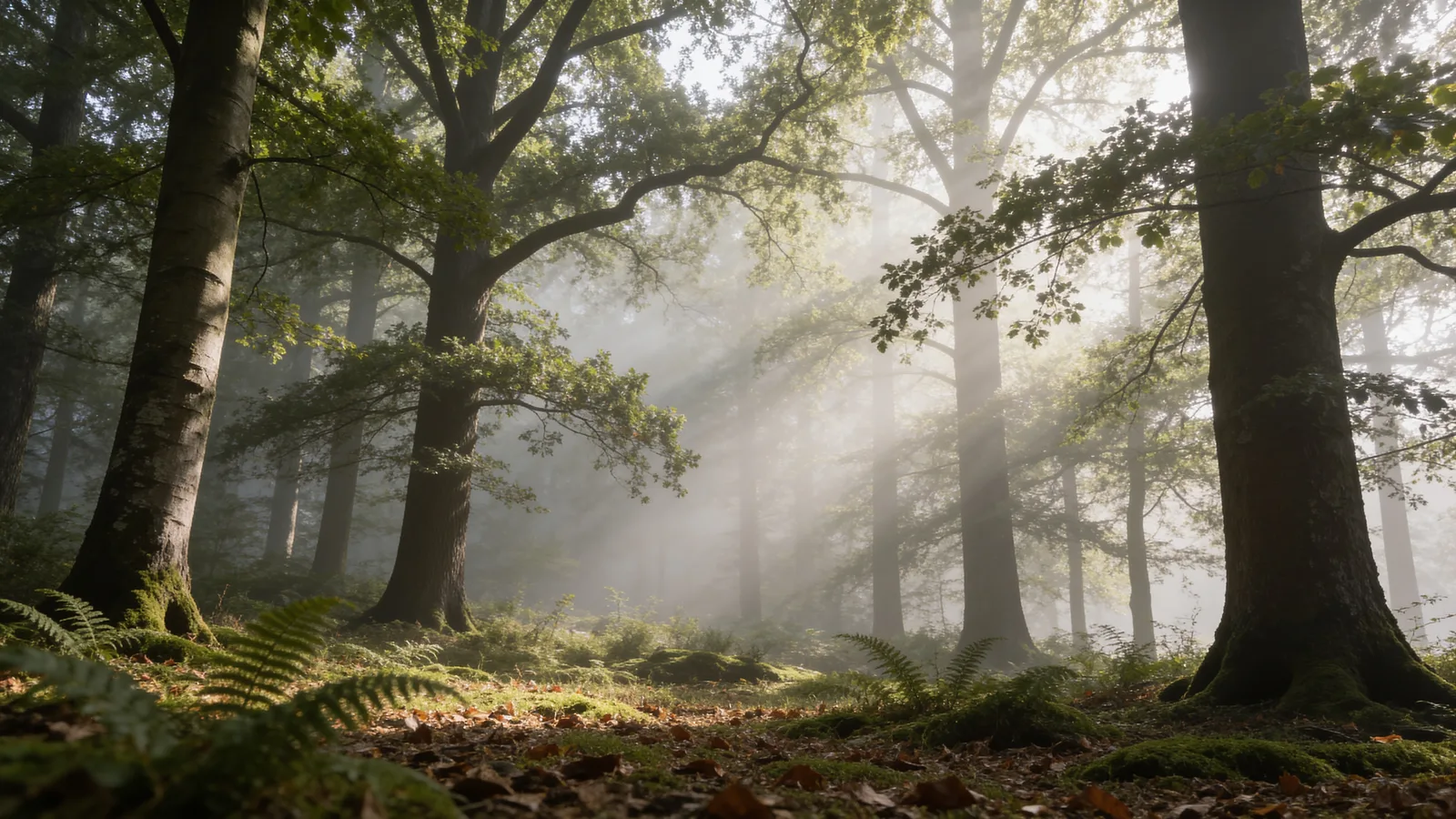 Sonnenlicht fällt durch die Baumkronen eines ruhigen Buchenwaldes – Sinnbild für eine Bestattung im FriedWald