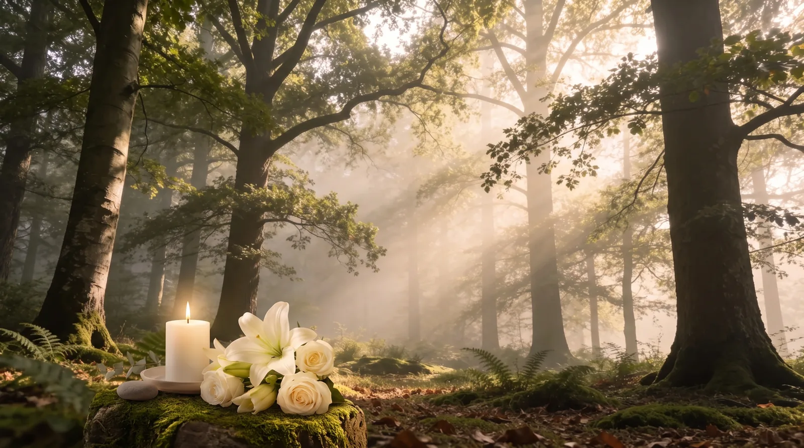 Weiße Lilien und Rosen neben einer schlichten Kerze auf einem bemoosten Baumstumpf in einem sonnendurchfluteten, leicht nebligen Wald – Sinnbild für den FriedWald als naturnahe Ruhestätte