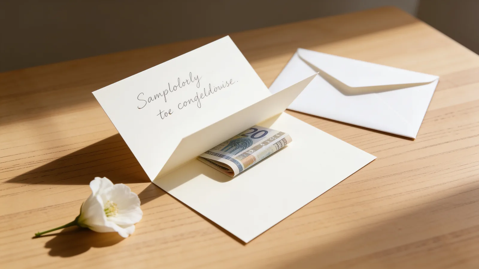 Eine geöffnete weiße Trauerkarte mit handschriftlichen Worten liegt neben einem schlichten Umschlag und einer weißen Blüte auf hellem Holz – ein Geldschein ist dezent in den Falz der Karte gelegt