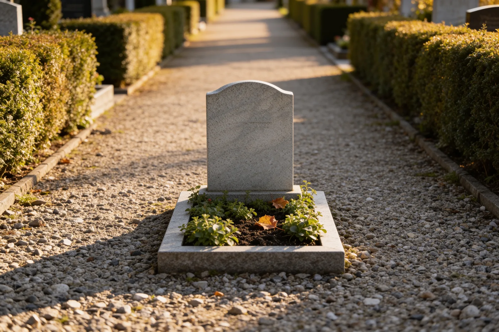 Ruhiges Wahlgrab mit hellem Grabstein auf einem gepflegten Friedhof – Kosten eines Grabs für 20 Jahre in Ruhe planen