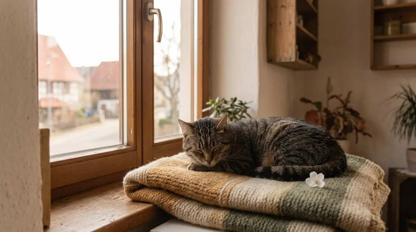 Ruhige getigerte Katze liegt auf einer warmen Decke am hellen Fenster – Sinnbild für ein gut versorgtes Haustier nach einem Todesfall