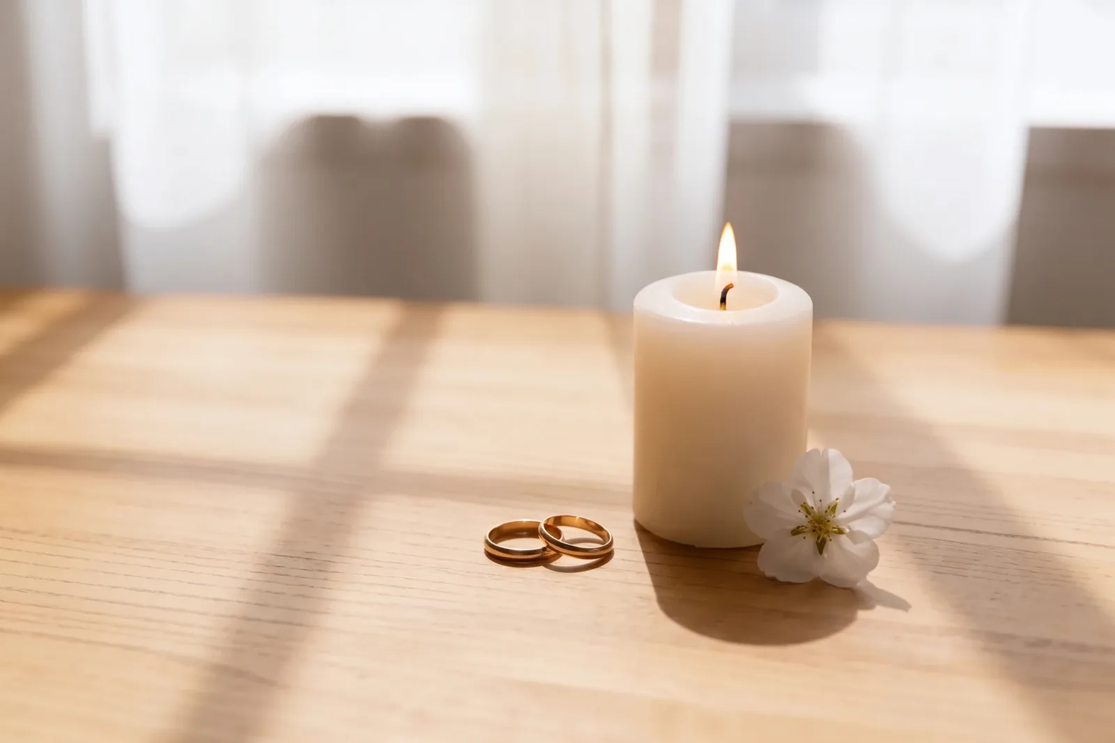 Zwei goldene Eheringe neben einer kleinen brennenden Kerze und einer weißen Blüte auf warmem Holz – Freude und Trauer dicht beieinander