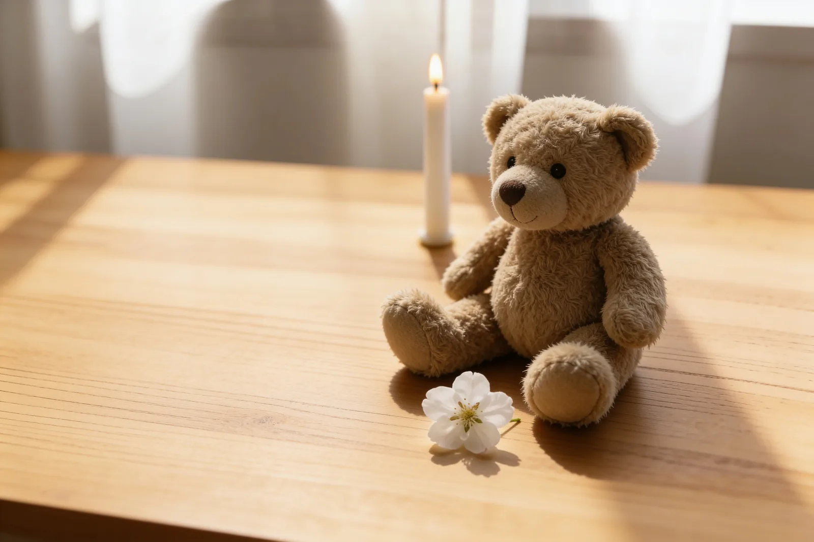 Ein Teddybär, eine weiße Blüte und eine ruhig brennende Kerze auf einem hellen Holztisch am Fenster – Sinnbild dafür, einem Kind behutsam vom Tod zu erzählen