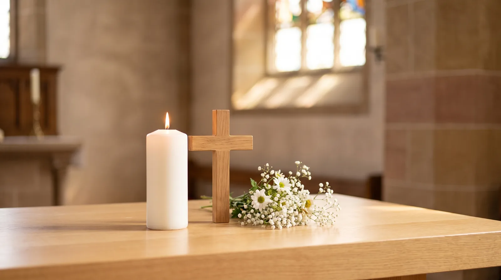 Brennende Kerze und weiße Blüten vor einem schlichten Holzkreuz in ruhigem Kirchenlicht – Kosten einer kirchlichen Bestattung