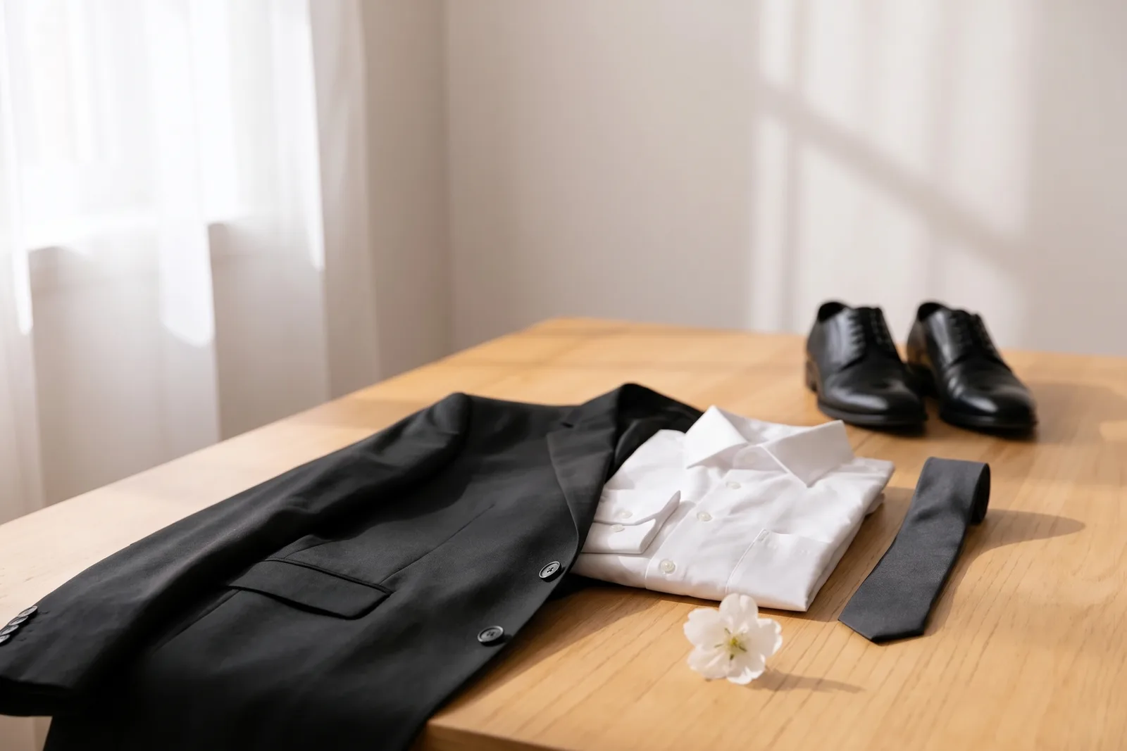 Dunkler Anzug, weißes Hemd, dunkle Krawatte und schwarze Lederschuhe auf hellem Holztisch, dazu eine weiße Blüte – klassische Kleidung für eine Beerdigung