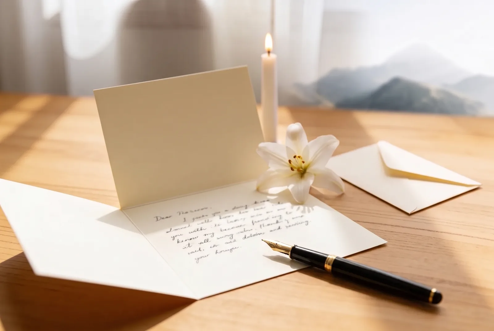 Handgeschriebenes Kondolenzschreiben auf cremefarbenem Briefpapier mit Füllfederhalter, Umschlag, einer einzelnen weißen Blüte und einer ruhig brennenden Kerze auf hellem Holztisch