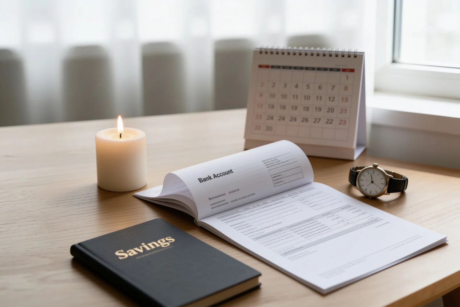 Ein Kontoauszug, ein Sparbuch, eine Armbanduhr und ein Tischkalender neben einer ruhig brennenden Kerze auf hellem Holztisch – die Kontoauflösung nach dem Todesfall braucht ihre Zeit