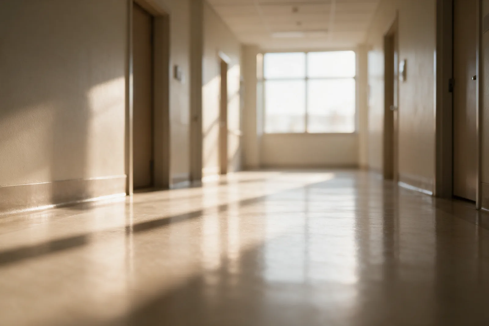 Ruhiger, leerer Krankenhausflur im weichen Morgenlicht – wenn im Krankenhaus die Kripo zu einem Todesfall hinzugezogen wird
