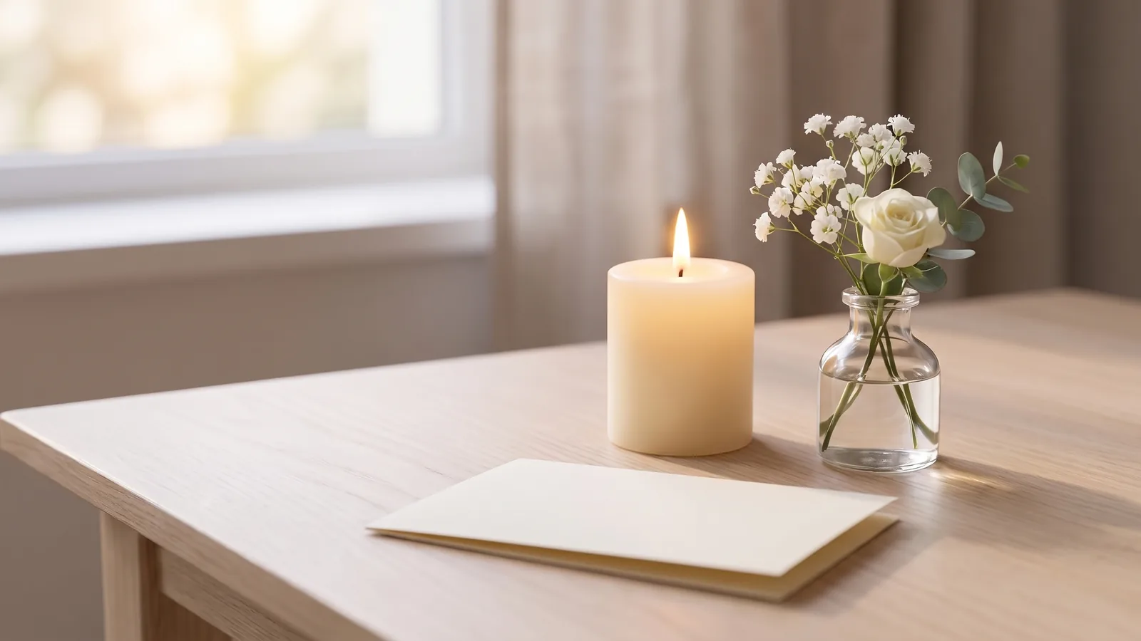 Eine brennende Erinnerungskerze neben einer kleinen Vase mit weißen Blüten und einer cremefarbenen Gedenkkarte auf hellem Holztisch im warmen Fensterlicht – stilles Gedenken an einem Todestag