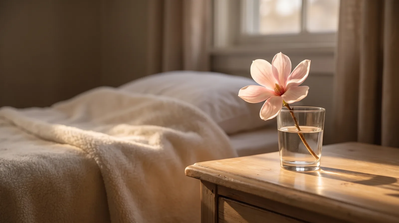 Einzelne rosa Magnolienblüte, die im warmen Sonnenlicht auf einem Nachttisch neben einem Bett erblüht – Sinnbild für das letzte Aufblühen vor dem Tod