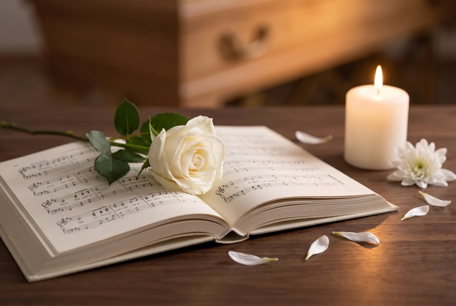 Aufgeschlagenes Liederbuch mit Noten, einer weißen Rose auf den Seiten und einer sanft leuchtenden Kerze auf dunklem Holz – Sinnbild für die passenden Lieder zur Beerdigung