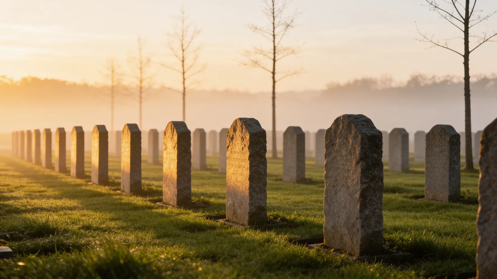 Lange Reihen schlichter, gleich ausgerichteter Grabsteine auf einem muslimischen Grabfeld im warmen Licht des frühen Morgens – ein ruhiges Bild für die islamische Bestattung