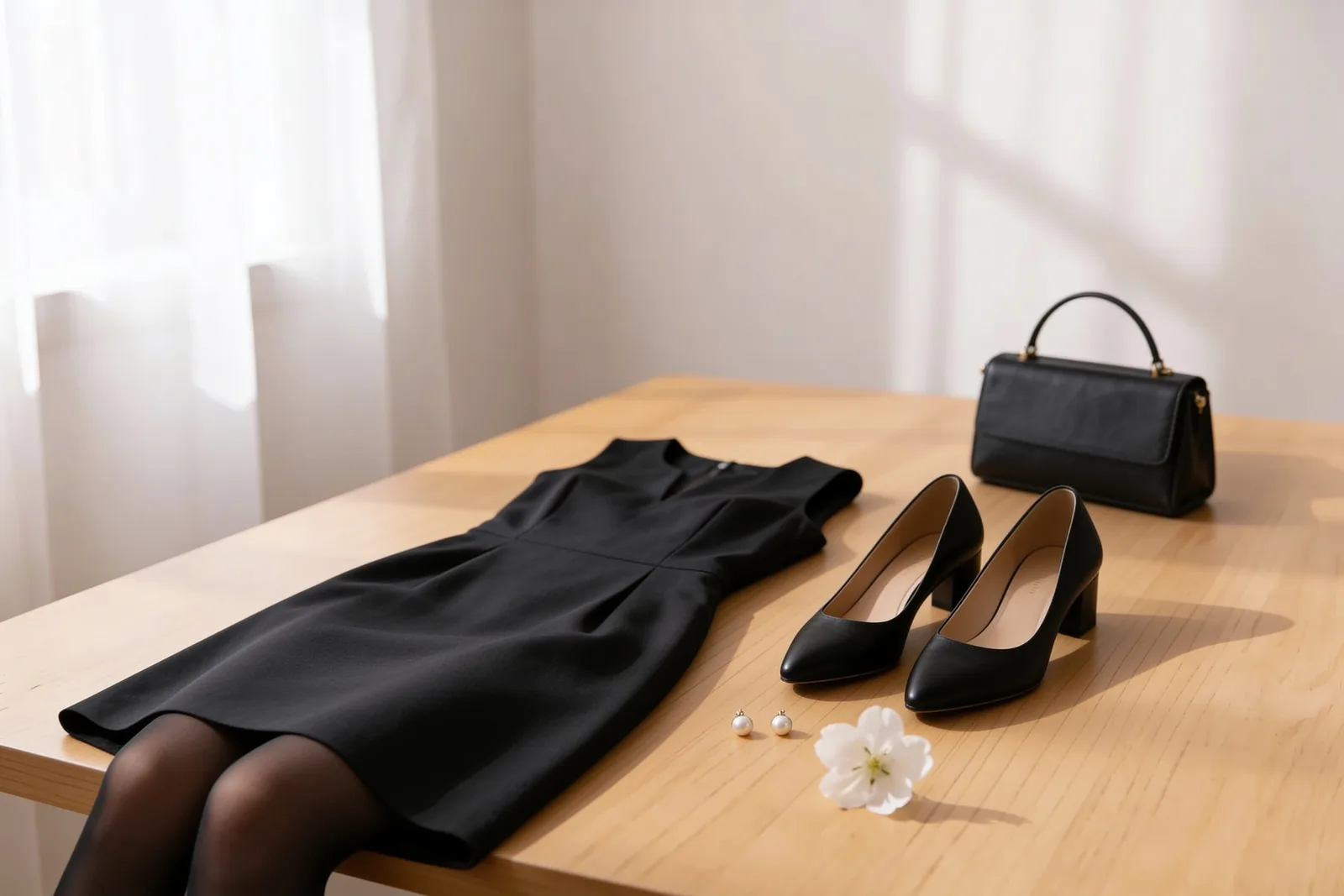 Schlichtes dunkles Damenkleid mit blickdichter Strumpfhose, schwarzen Pumps mit flachem Absatz, kleiner Handtasche und dezenten Perlenohrsteckern auf hellem Holztisch, dazu eine weiße Blüte – Trauer-Outfit für Frauen