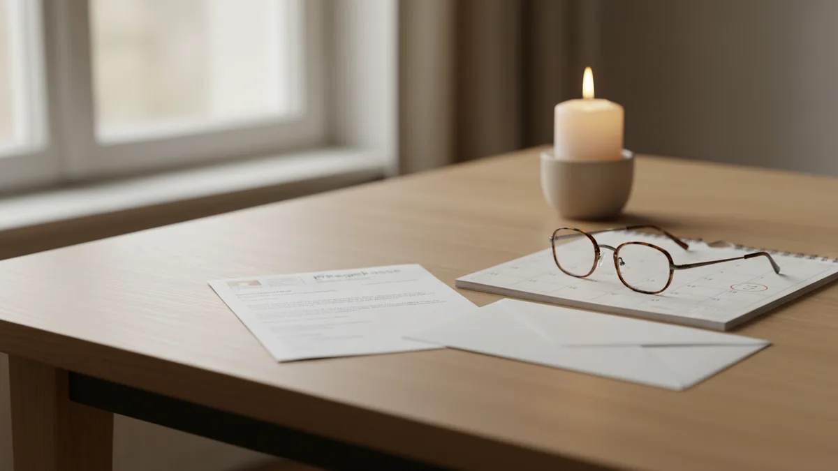 Ein Schreiben der Pflegekasse, ein aufgeschlagener Kalender und eine Lesebrille neben einer ruhig brennenden Kerze auf einem hellen Holztisch – wie lange das Pflegegeld nach einem Todesfall weiterläuft, in Ruhe klären