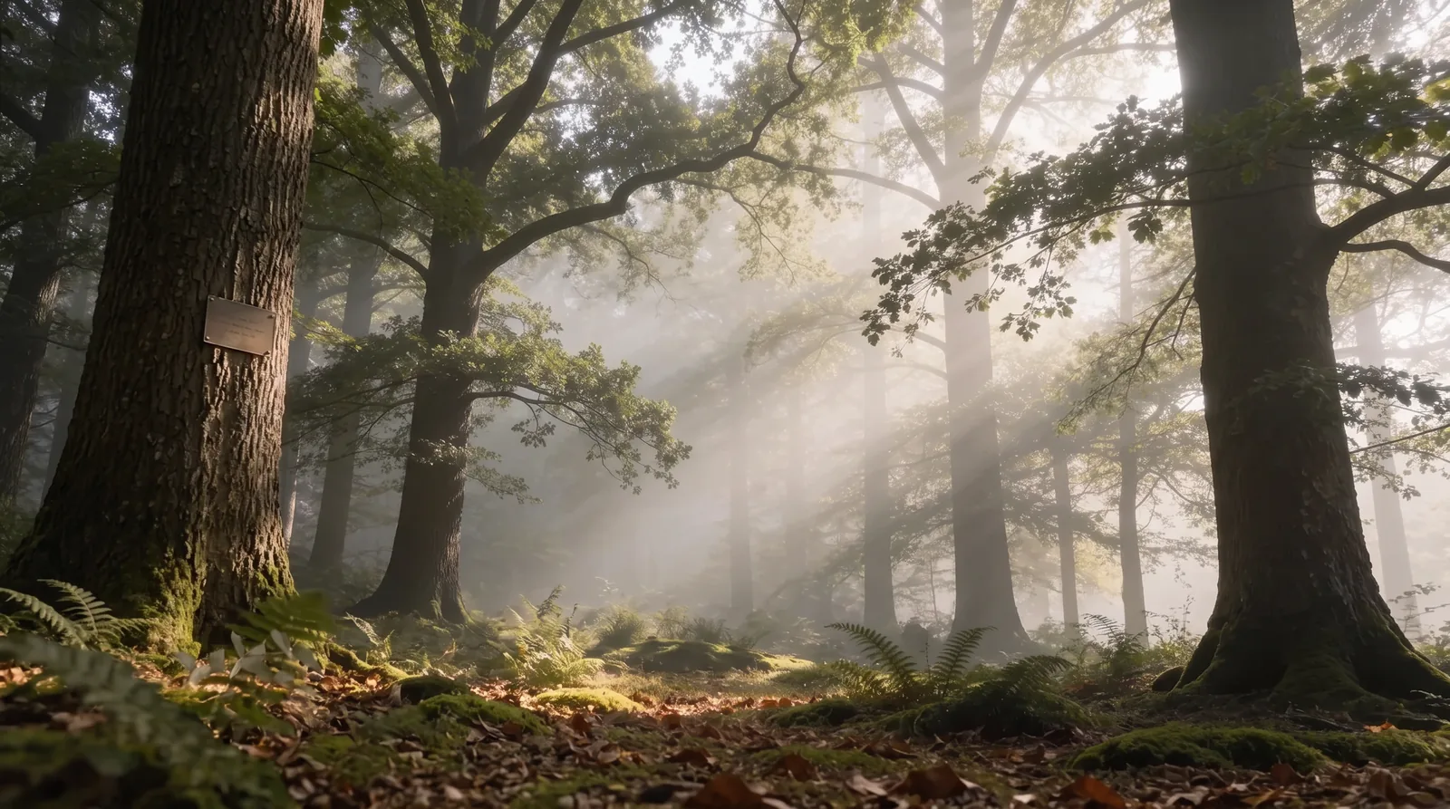Sonnendurchflutetes Waldstück mit alten Buchen, Moos und Farn am Boden und einer kleinen schlichten Namenstafel an einem Baumstamm – Sinnbild für ein RuheBiotop im RuheForst