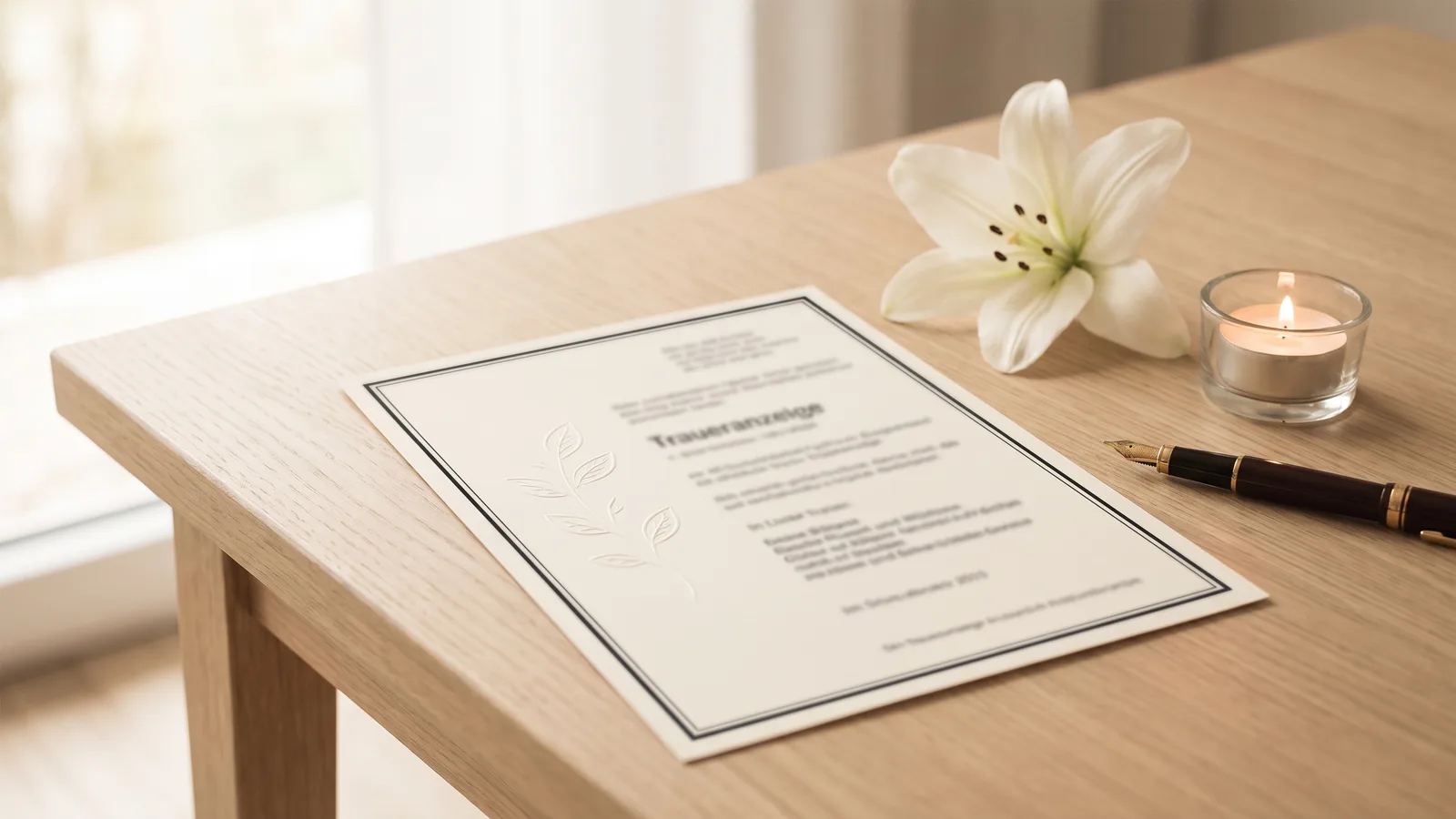 Eine gedruckte Traueranzeige mit schmalem schwarzem Rand liegt auf einem hellen Holztisch neben einer weißen Lilienblüte, einer brennenden Kerze und einem Füllfederhalter im warmen Fensterlicht – Auswahl eines passenden Spruchs für die Traueranzeige