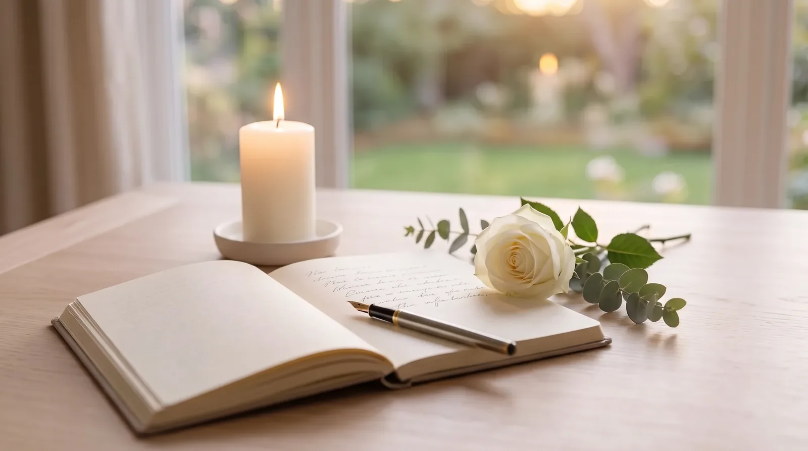 Eine brennende Kerze neben einer einzelnen weißen Rose und einem aufgeschlagenen Buch im warmen Fensterlicht – kurze Sprüche zum Abschied in der Trauer auswählen