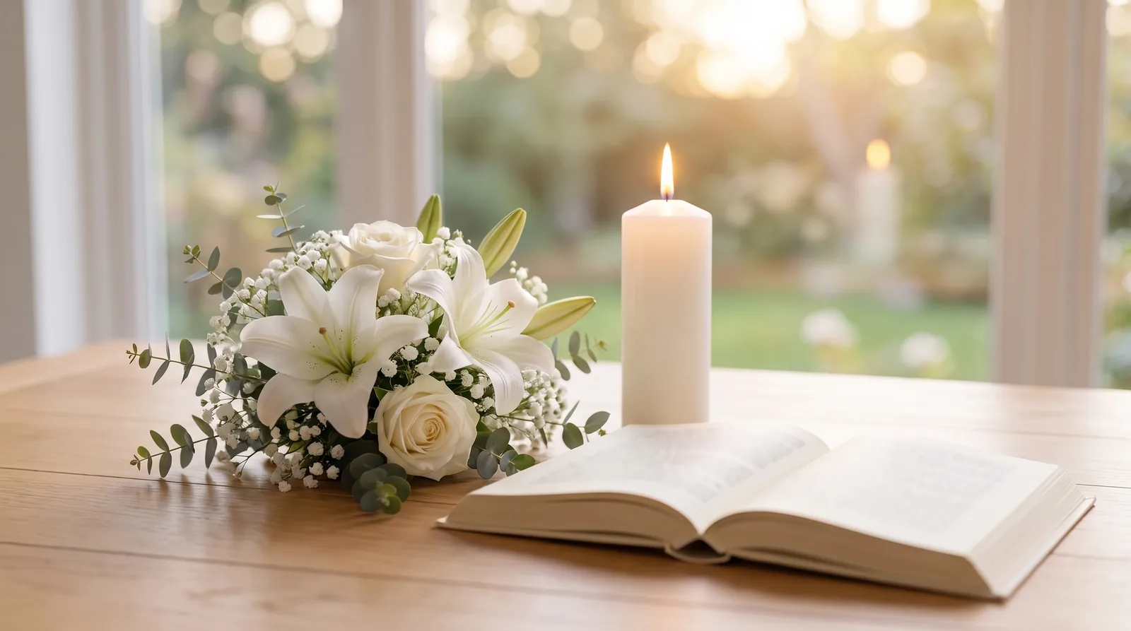 Weiße Lilien, Rosen und Schleierkraut neben einer brennenden Kerze und einem aufgeschlagenen Buch im warmen Fensterlicht – passende Sprüche zur Beerdigung auswählen