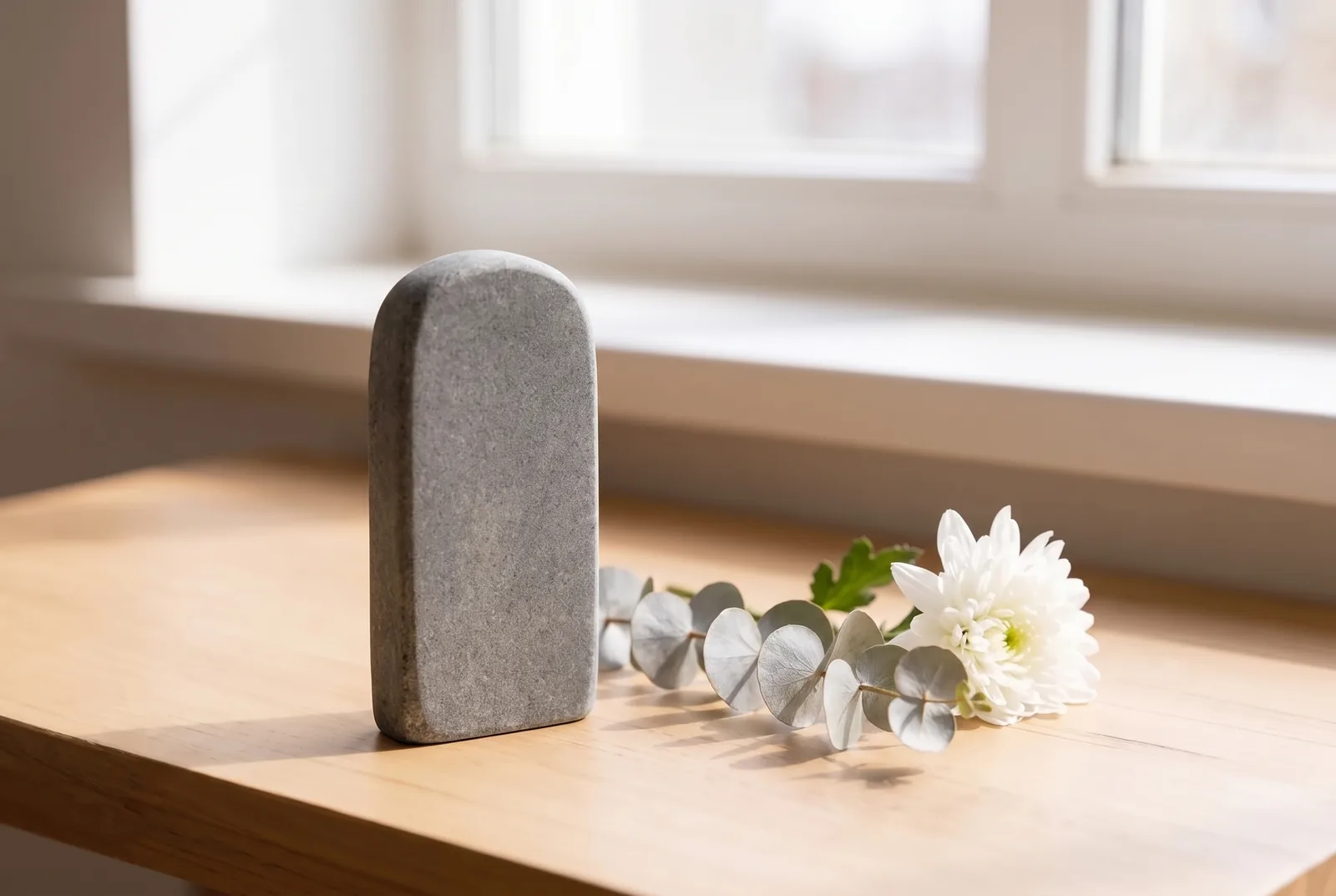 Schlichte aufrechte Gedenkstele aus grauem Naturstein mit Eukalyptuszweig und weißer Chrysantheme auf hellem Holztisch am Fenster – Sinnbild für eine Stelenbeerdigung