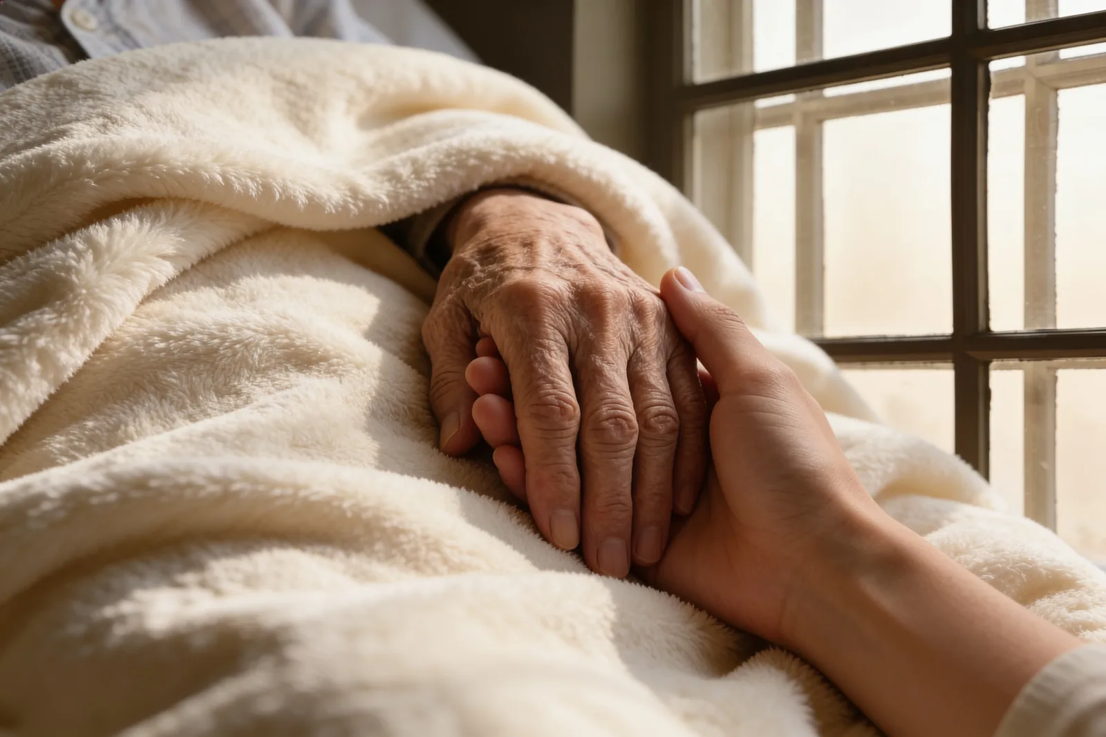 Eine junge Hand hält behutsam die faltige Hand eines alten Menschen, der unter einer weichen Decke im Bett ruht, in warmem Fensterlicht – Sterbebegleitung in der letzten Lebensphase