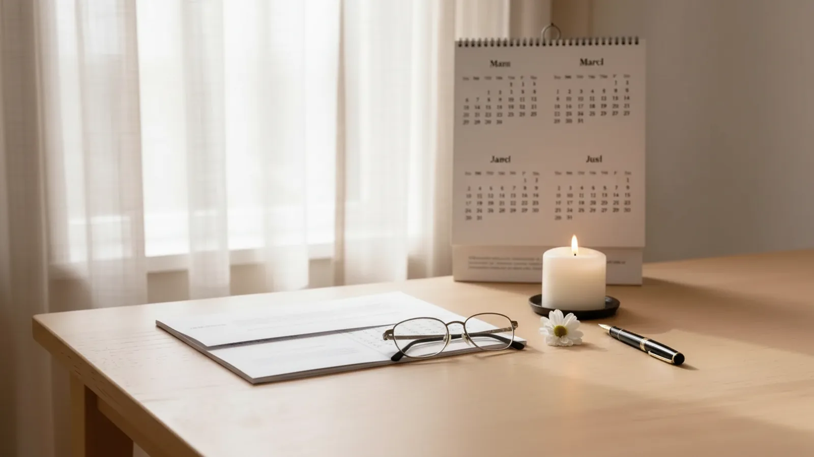 Ein amtliches Schreiben, eine Lesebrille, ein Füllfederhalter und ein Tischkalender mit mehreren Monaten neben einer ruhig brennenden Kerze auf einem hellen Holztisch – Sinnbild für das Sterbevierteljahr, in dem die Rente noch drei Monate weiterläuft