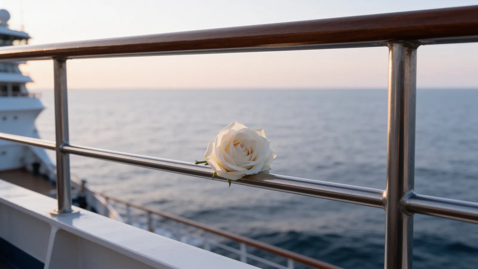 Eine einzelne weiße Rose liegt auf der Reling eines Schiffes über ruhiger See im weichen Morgenlicht – Sinnbild für einen würdevollen Abschied bei einem Todesfall an Bord