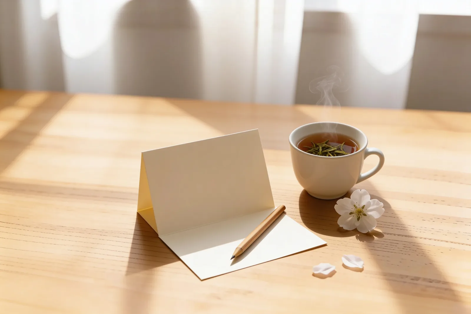Eine dampfende Tasse Tee, ein aufgeschlagenes leeres Notizheft mit Stift und eine weiße Blüte auf hellem Holztisch im warmen Morgenlicht – Sinnbild für Selbstfürsorge und Trauerbewältigung