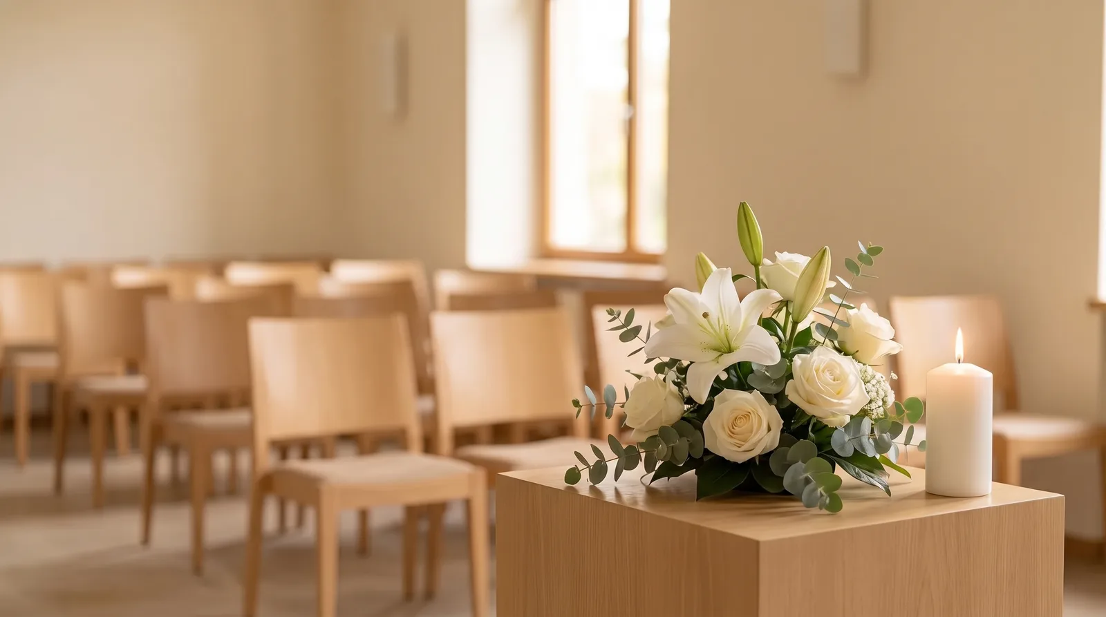 Ruhige, weich beleuchtete Trauerhalle mit schlichtem Blumengesteck, einer brennenden Kerze und Reihen leerer Holzstühle – Sinnbild für eine würdevolle Trauerfeier