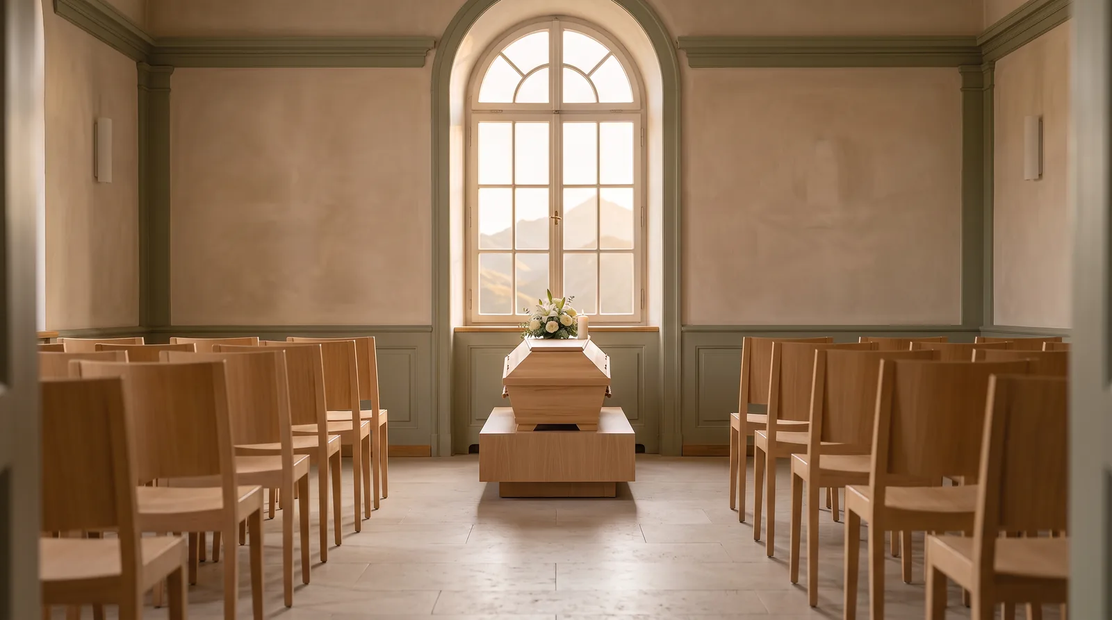Ruhiger Innenraum einer Trauerhalle mit einem schlichten hellen Holzsarg auf einem Katafalk, weißem Blumengesteck und einer Kerze vor einem hohen Rundbogenfenster, flankiert von leeren Holzstühlen