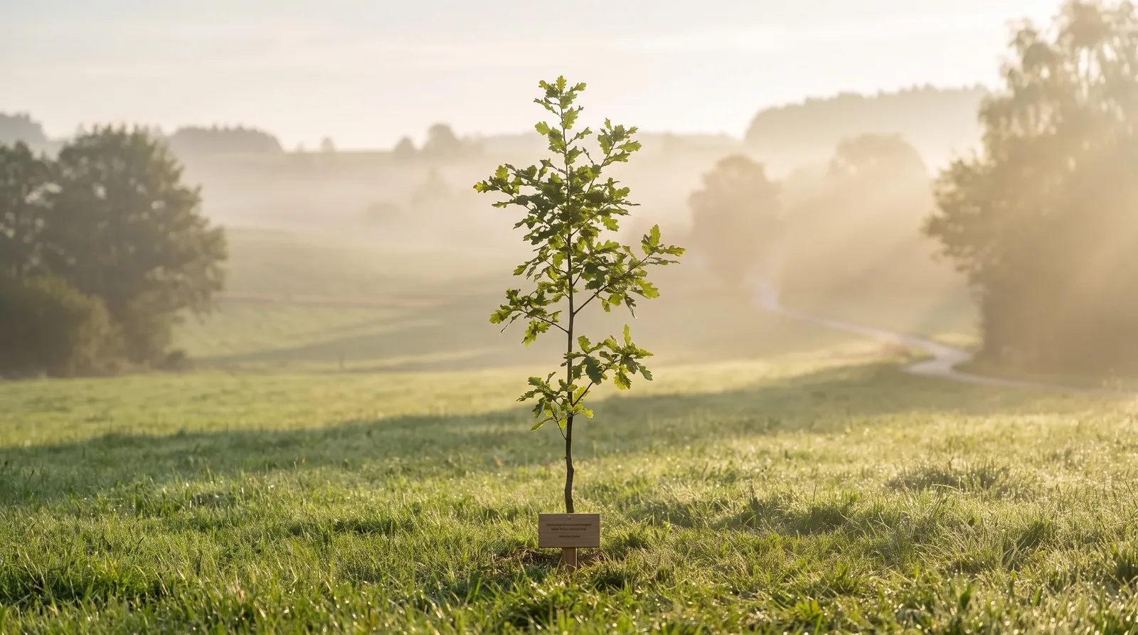 Junger Erinnerungsbaum mit frischem Grün auf einer sonnigen Wiese im weichen Morgenlicht – Sinnbild für eine Tree of Life Bestattung, bei der aus der Asche ein Baum wächst