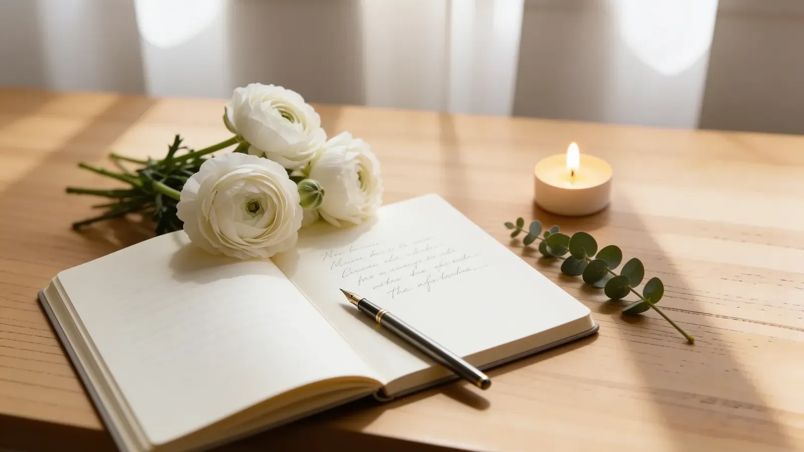 Aufgeschlagenes cremefarbenes Notizbuch mit angedeuteter Handschrift, ein Füllfederhalter, weiße Blüten und eine kleine leuchtende Kerze auf hellem Holztisch im warmen Fensterlicht – liebevolle Trauersprüche werden ausgewählt und persönlich formuliert