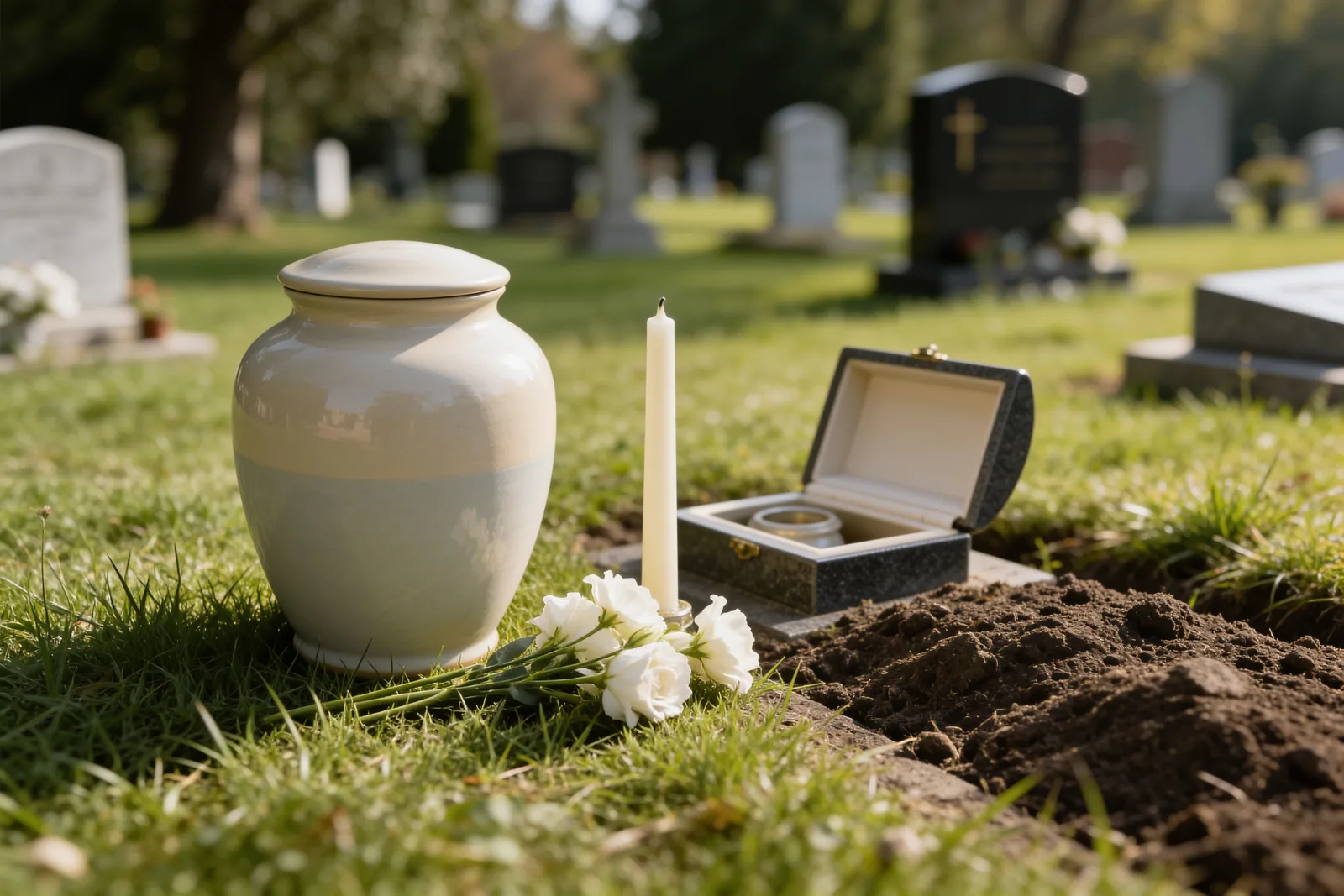 Schlichte Urne mit weißen Blumen an einem geöffneten Urnengrab auf einem Friedhof – Sinnbild für eine würdevolle Urnenbeisetzung