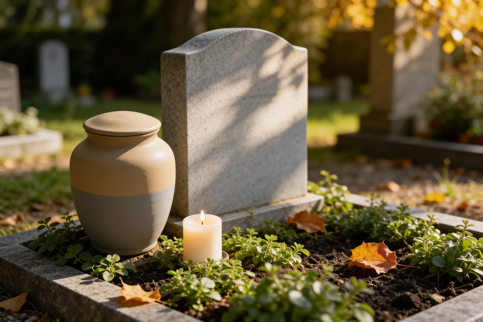 Schlichtes Urnengrab auf einem gepflegten Friedhof mit hellem Grabstein und Herbstlaub – Kosten eines Urnengrabs für 20 Jahre in Ruhe planen